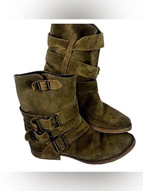 CRUMPET ZiGi- Brown Suede Buckle Mid-Calf Boots in Olive Green